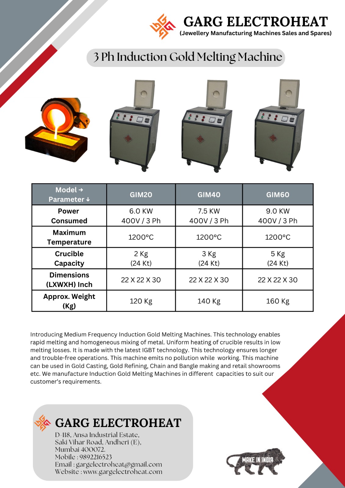 3 Ph Induction Gold Melting Machine